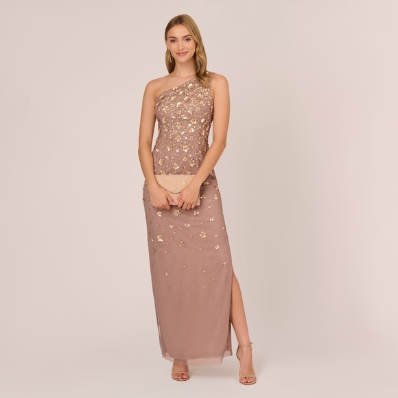 Adrianna Papell 3D Floral Hand-Beaded One-Shoulder Long Column Gown In Stone Siz - Picture 1 of 3